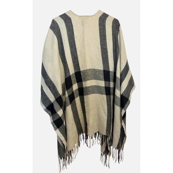 Banana Republic Plaid Fringe Open Front Poncho Wrap Black/Cream/Beige One Size - Picture 8 of 9